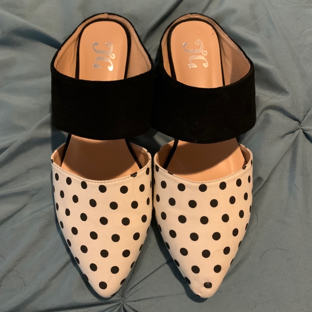 Black and white polka dot mules